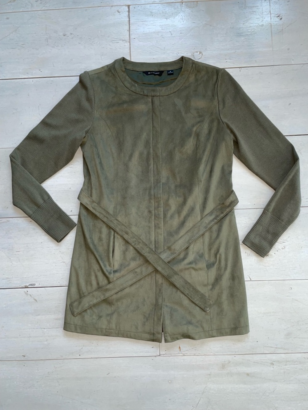 H by Halston Olive Faux Suede Zip Blazer Lined Sz 0 Collarless Belt Knit Sleeves